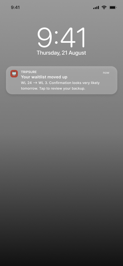 Confirmation screen — trip confirmed, backup auto-refunded
